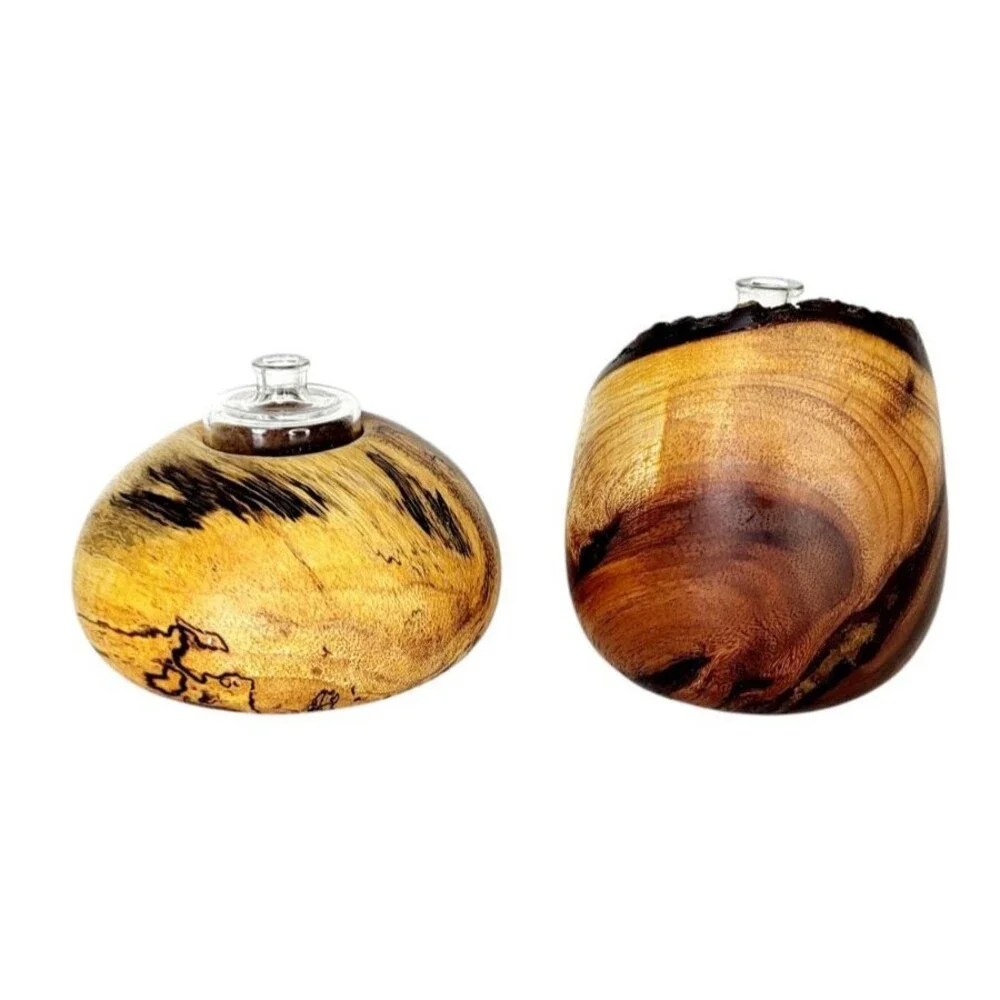Vintage MCM KOA Wood Natural Edge Rustic Modernist Bud Vases Glass Insert Signed